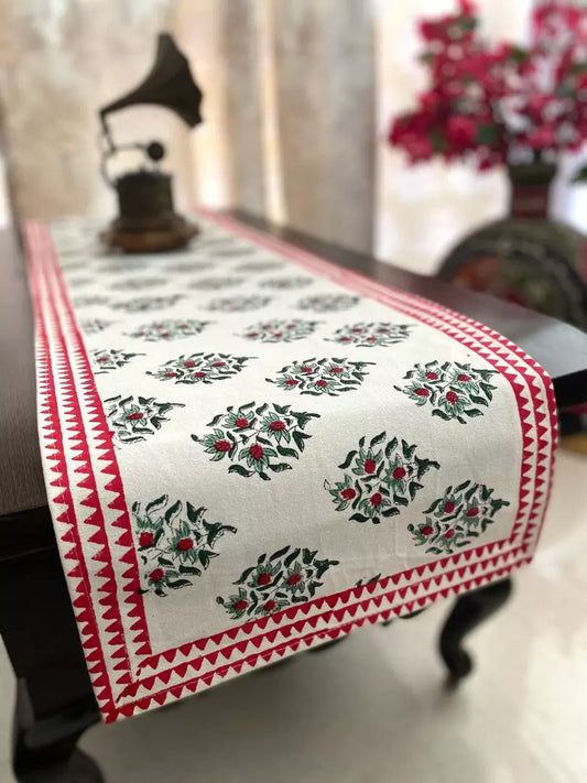 Hand blockprinted table runner Red green Mughlai design