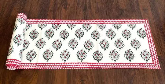 Hand blockprinted table runner Red green Mughlai design Buy Online