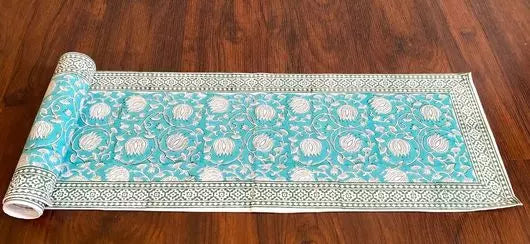 Hand blockprinted table runner | Sea green | Lotus design