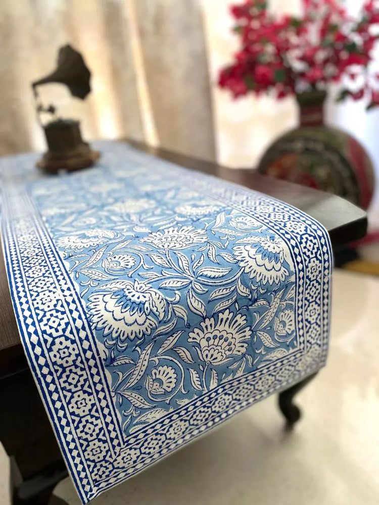 Hand blockprinted table runner Sky blue Mughlai floral design