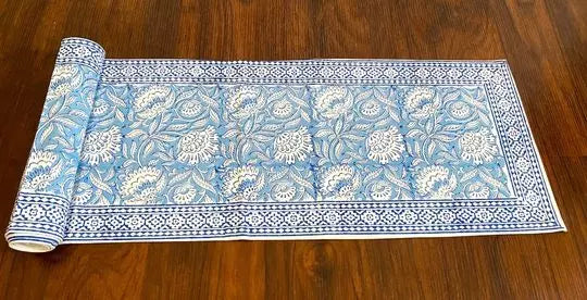 Buy Online Hand blockprinted table runner Sky blue Mughlai floral design