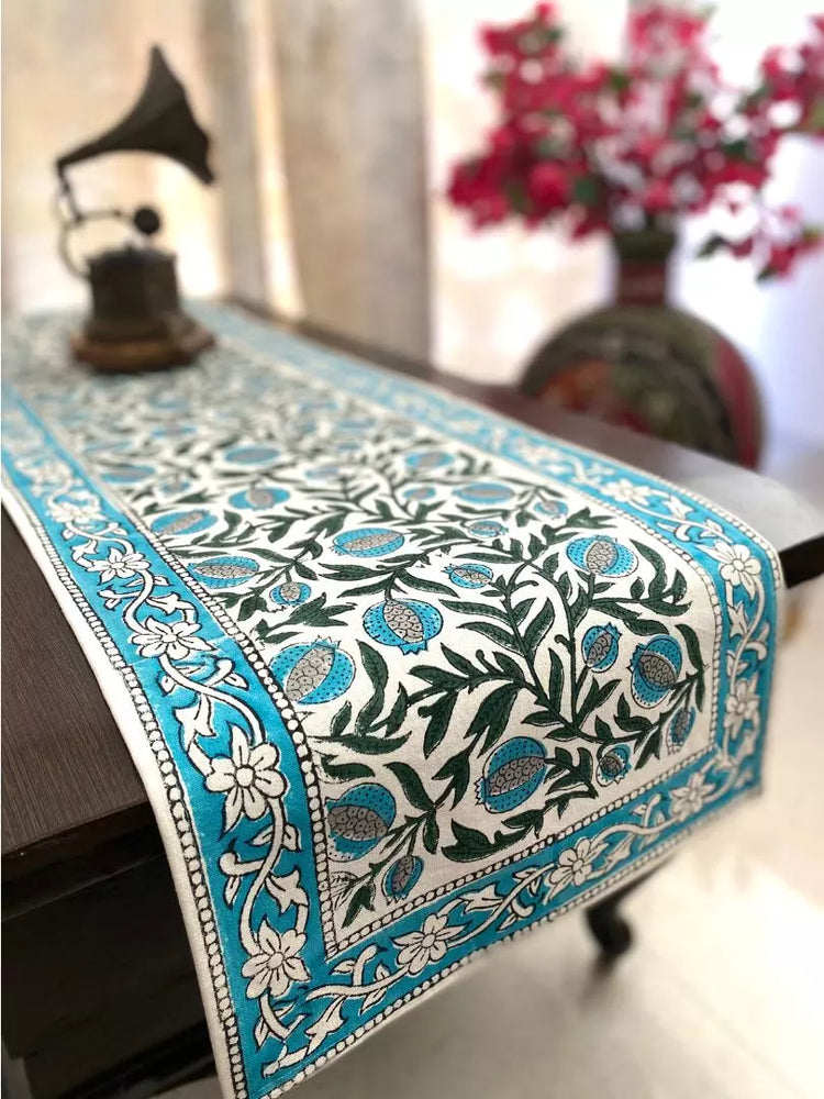 Hand blockprinted table runner Teal color Pomegranate design Buy Online