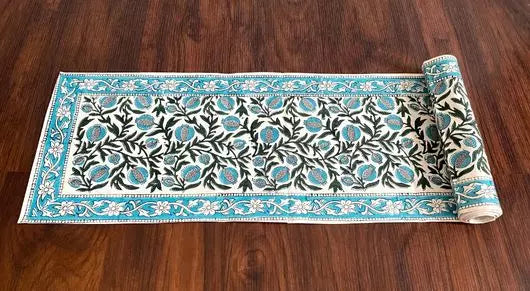 Hand blockprinted table runner Teal color Pomegranate design