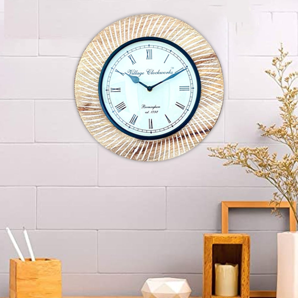 Handcrafted Carved Wooden Wall Clock - Natural wood color