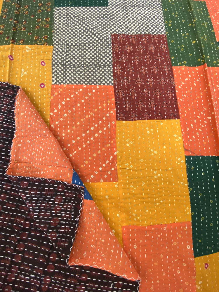 Hand made Kantha Patchwork Blockprinted Cotton Bedcover