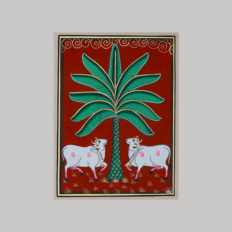 Pichwai painting by Mahesh Vishnoi with two cows and tree maroon background