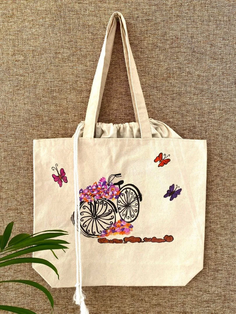 Handpainted balloon tote bag- Bicycle and butterflies design