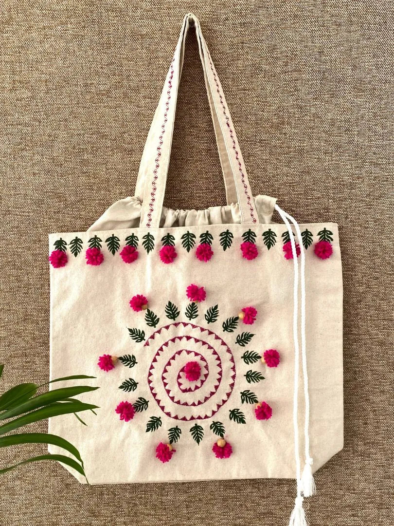 Handpainted balloon tote bag- Blockprint with embroidery and pom pom