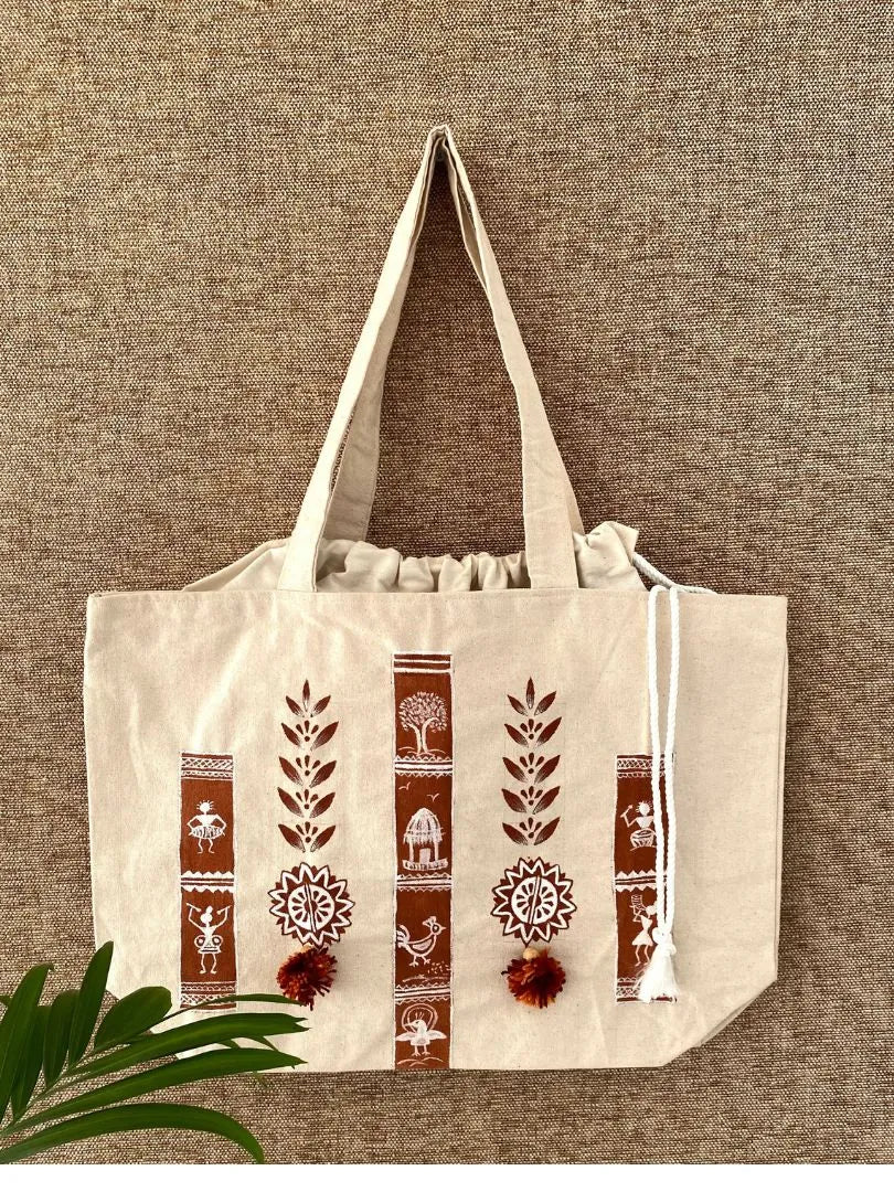 Handpainted balloon tote bag Warli art design