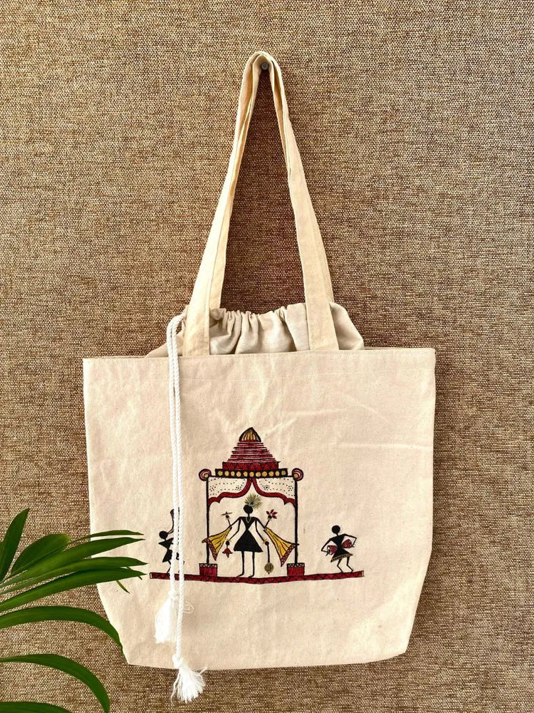 Handpainted balloon tote bag- Warli art design