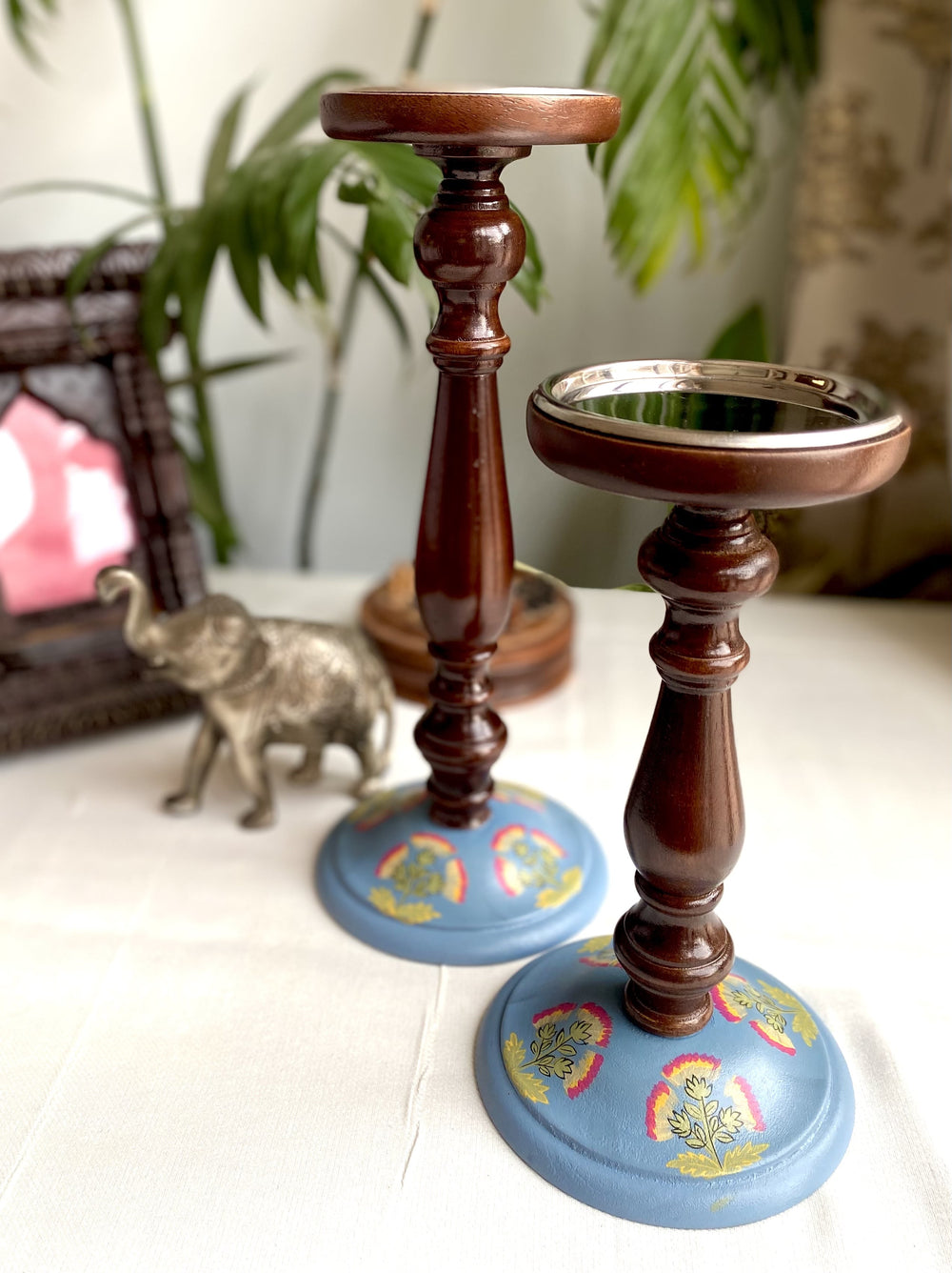 antique painted wooden candlestick holders