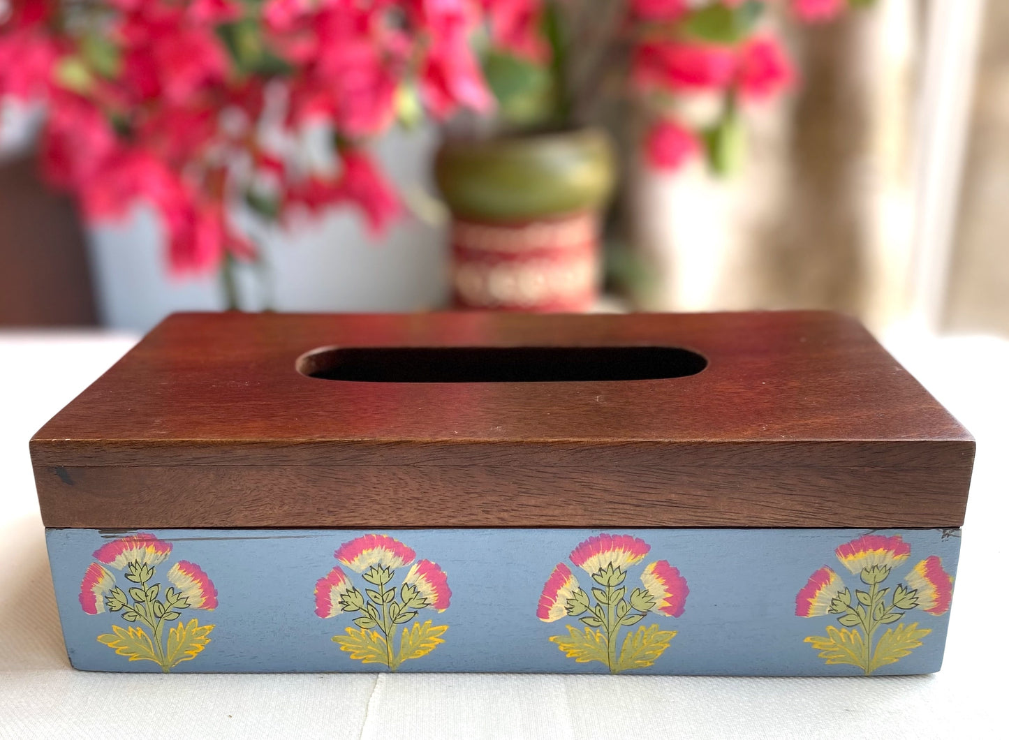 Handpainted Antique look Wooden Tissue Box - Rustic Blue