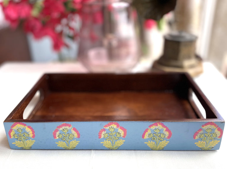 Handpainted Antique look Wooden Tray - Rustic Blue