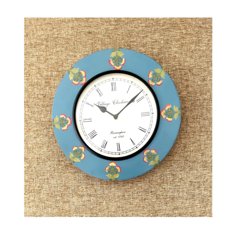 Handpainted Antique look Wooden Wall Clock - Rustic Blue