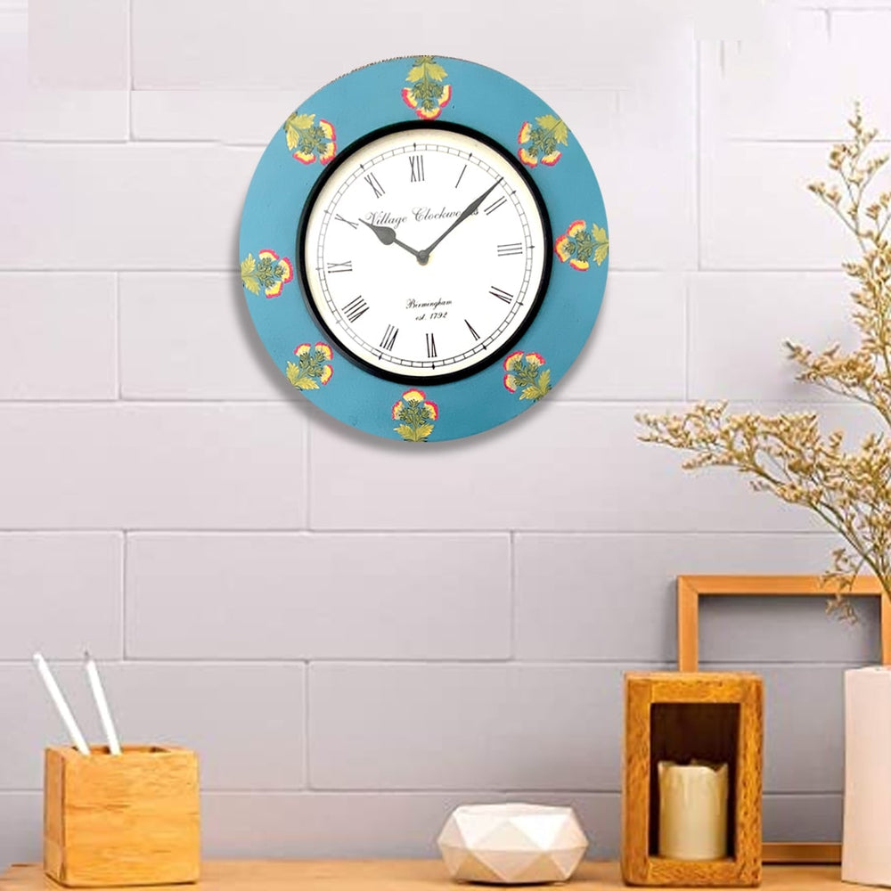 Handpainted Antique look Wooden Wall Clock - Rustic Blue