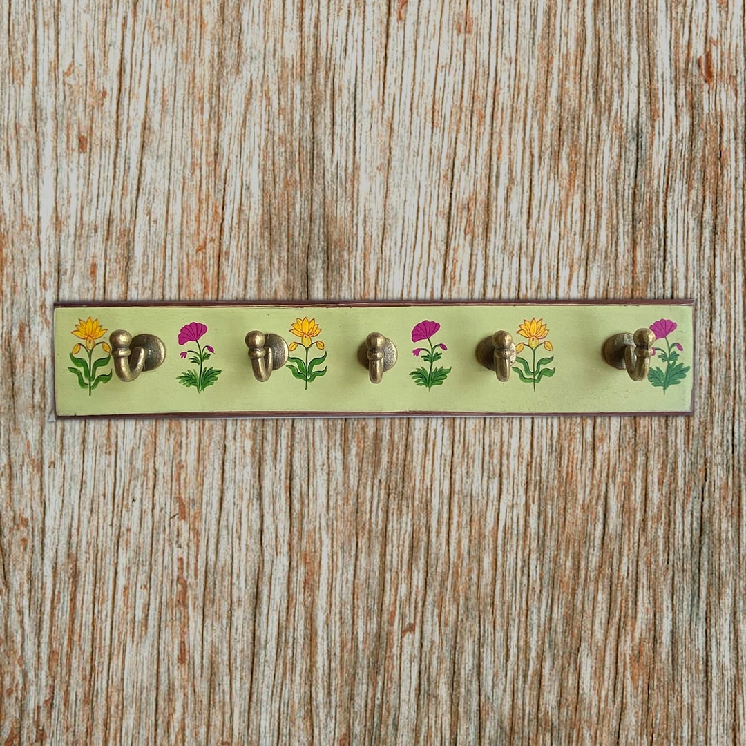 Handpainted Antique look Wooden Wall Hanger with 5 Hooks-Pale Green