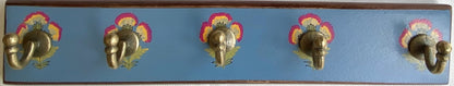 Handpainted Antique look Wooden Wall Hanger with 5 Hooks-Rustic Blue