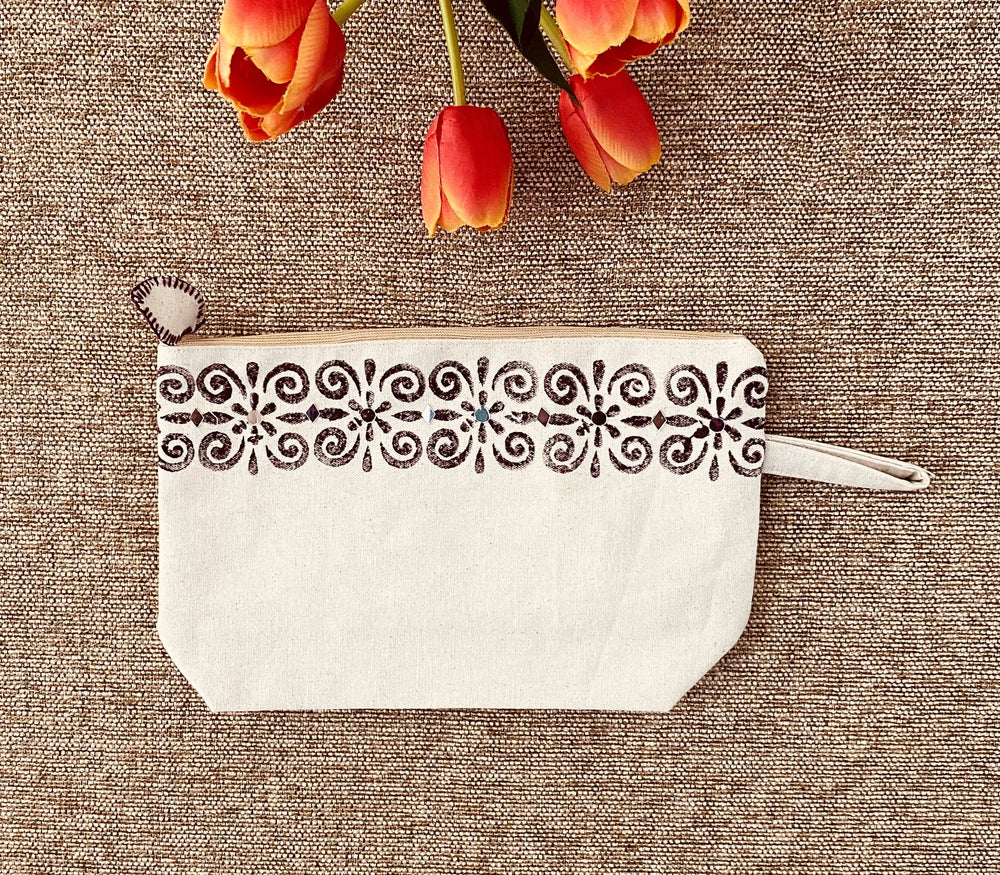 Handpainted Cotton Travel/Makeup Pouch- blockprint with mirror work on both sides