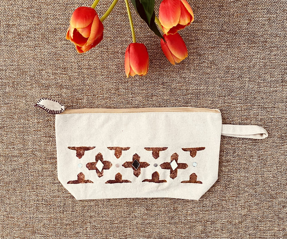 Handpainted Cotton Travel/Makeup Pouch- blockprint with mirror work on both sides