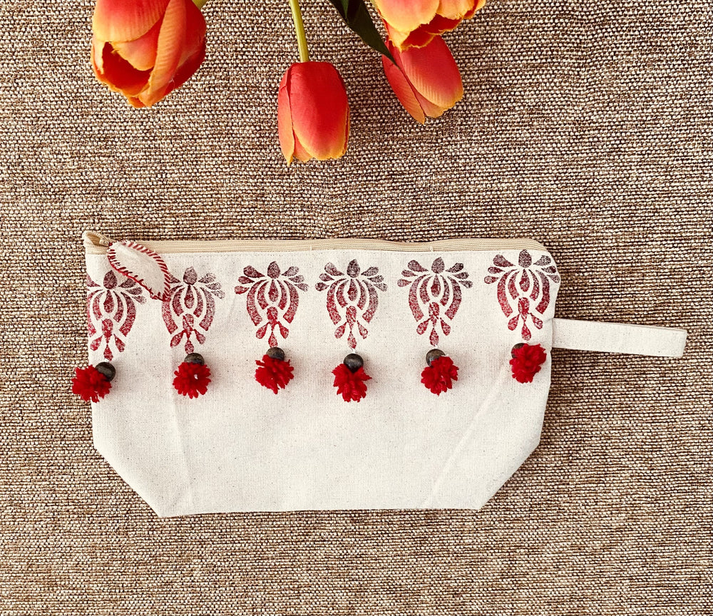 Handpainted Cotton Travel/Makeup Pouch-blockprint with wooden beads and pompom on both sides