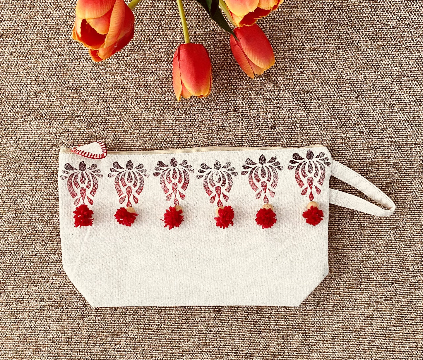 Handpainted Cotton Travel/Makeup Pouch-blockprint with wooden beads and pompom on both sides