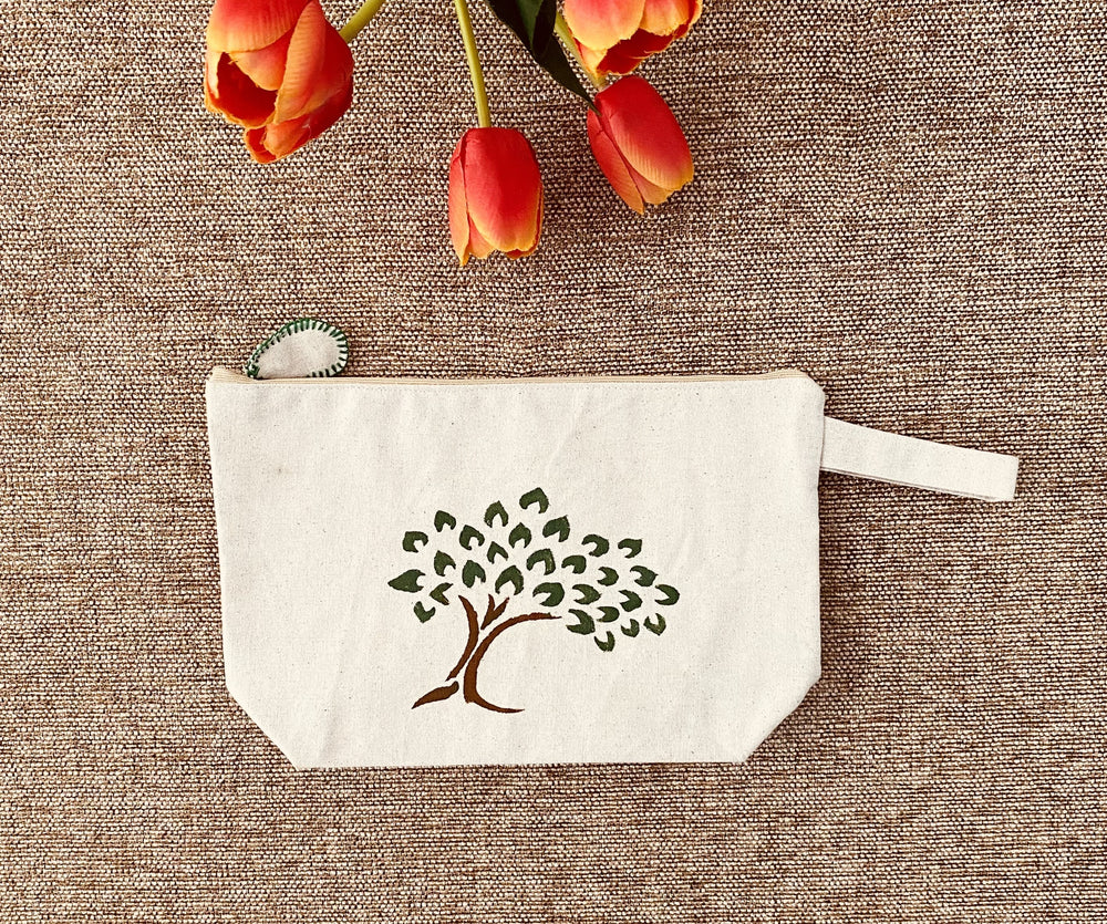 Handpainted Cotton Travel/Makeup Pouch- Tree design on both sides