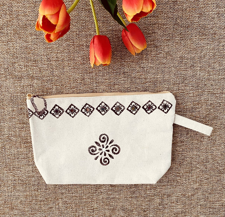 Handpainted Cotton Travel/Makeup Pouch- blockprint with mirror work on both sides