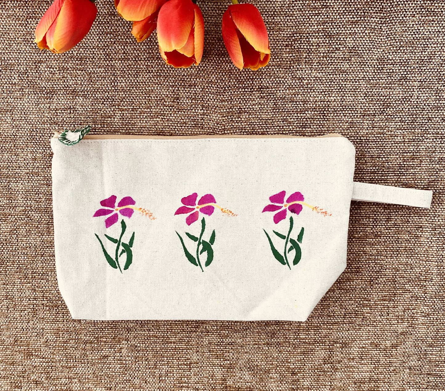 Handpainted Cotton Travel/Makeup Pouch with Floral design on both sides