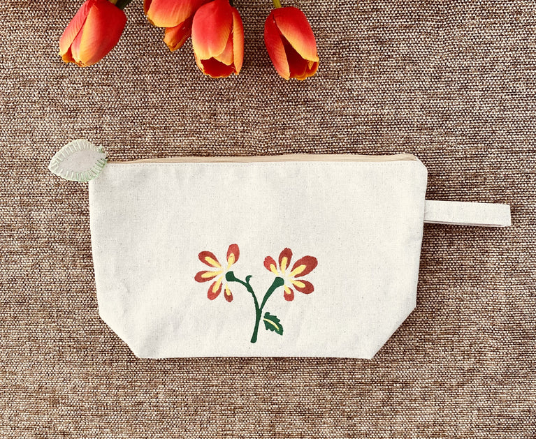 Handpainted Cotton Travel/Makeup Pouch with Floral design on both sides