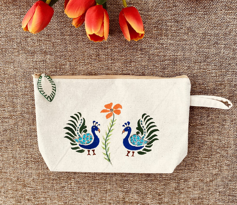 Handpainted Cotton Travel/Makeup Pouch with Peacock design on both sides