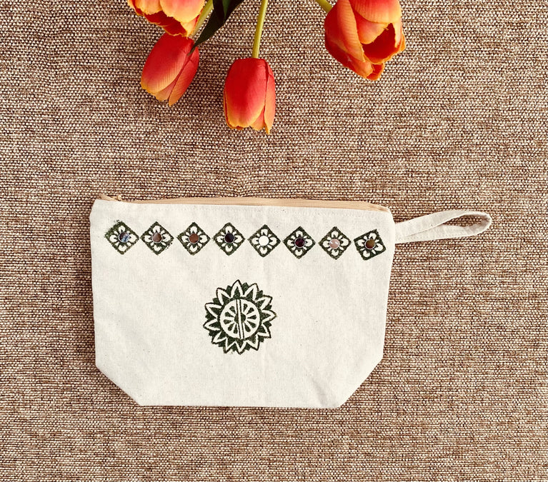 Handpainted Cotton Travel/Makeup Pouch with mirrorwork on both sides