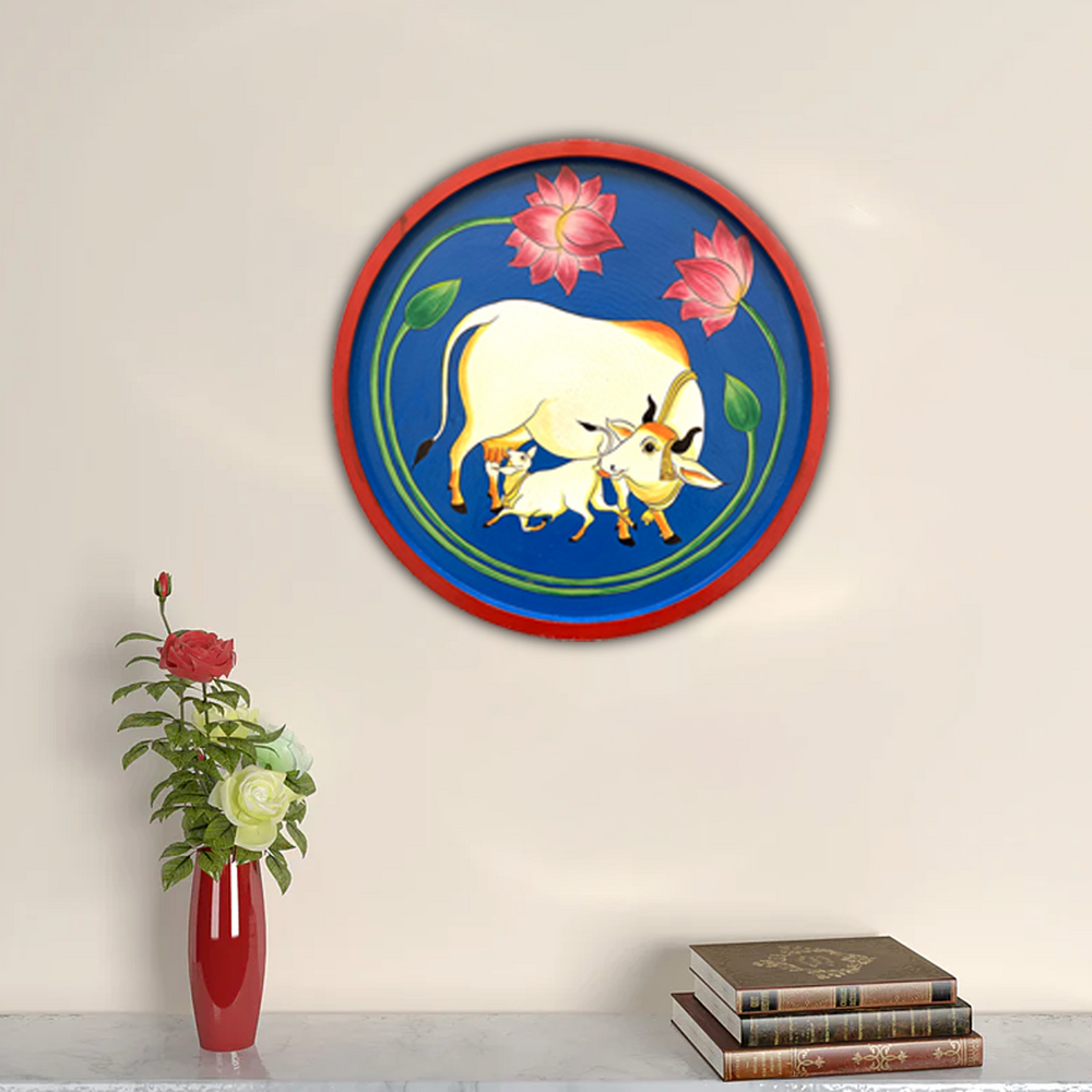 Handpainted Wall Plate-Round-Pichwai painting-Kamdhenu with calf