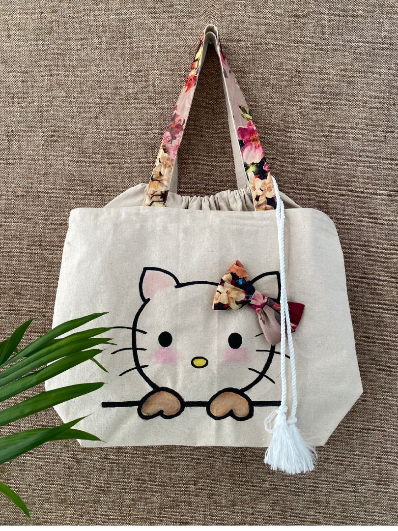 Handpainted balloon tote bag- Kitty design