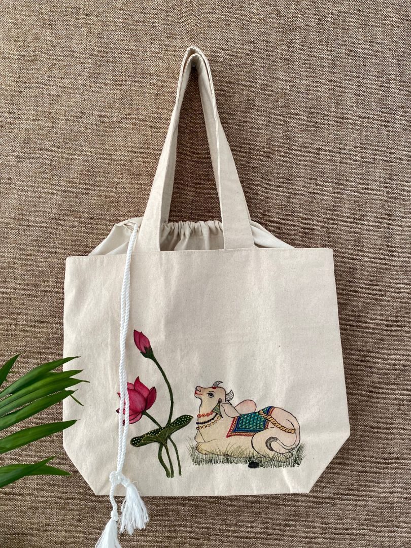 Handpainted balloon tote bag-Pichwai art cow design