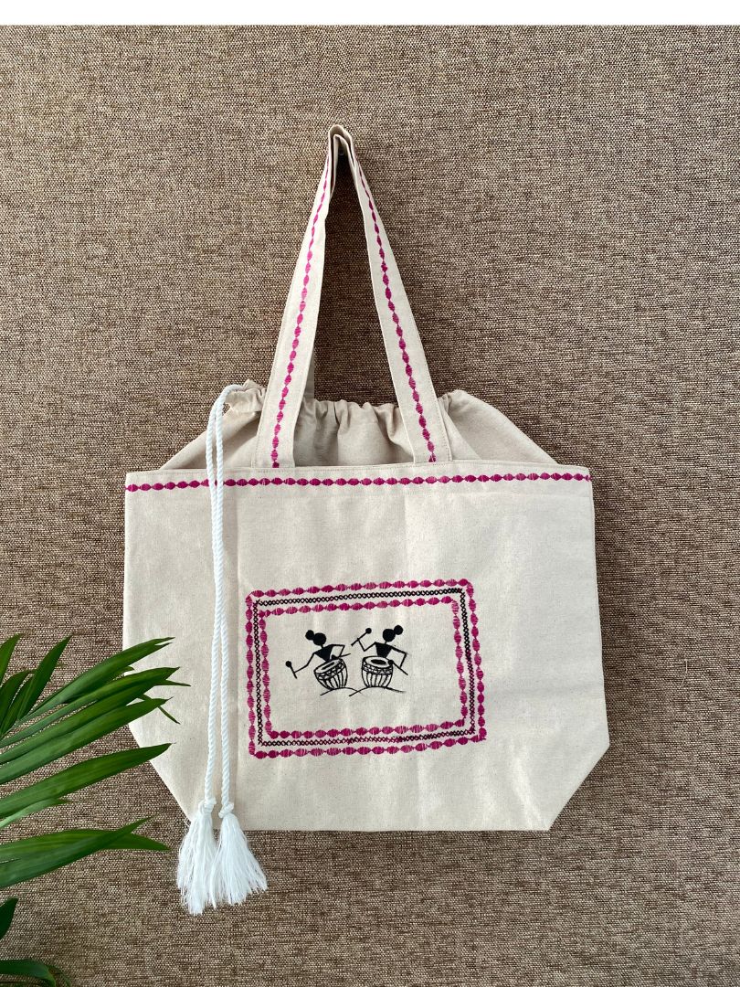 Handpainted balloon tote bag-Warli art design