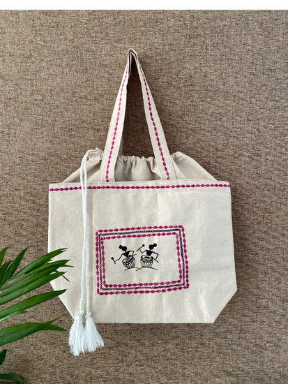 KAVYA Warli Design Cotton Large Tote Bag for Women with Zip, Stylish Cotton  Handbags, Canvas Tote Bags for College Tote Bag, Gift For Women