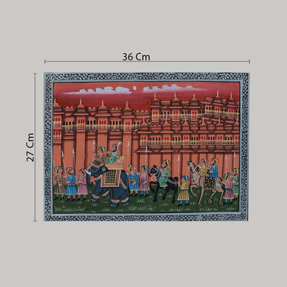 Miniature painting royal procession red with silver border and golden detailing