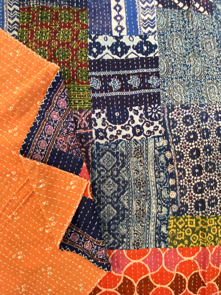 Hand made Kantha Patchwork Blockprinted Cotton Bedcover