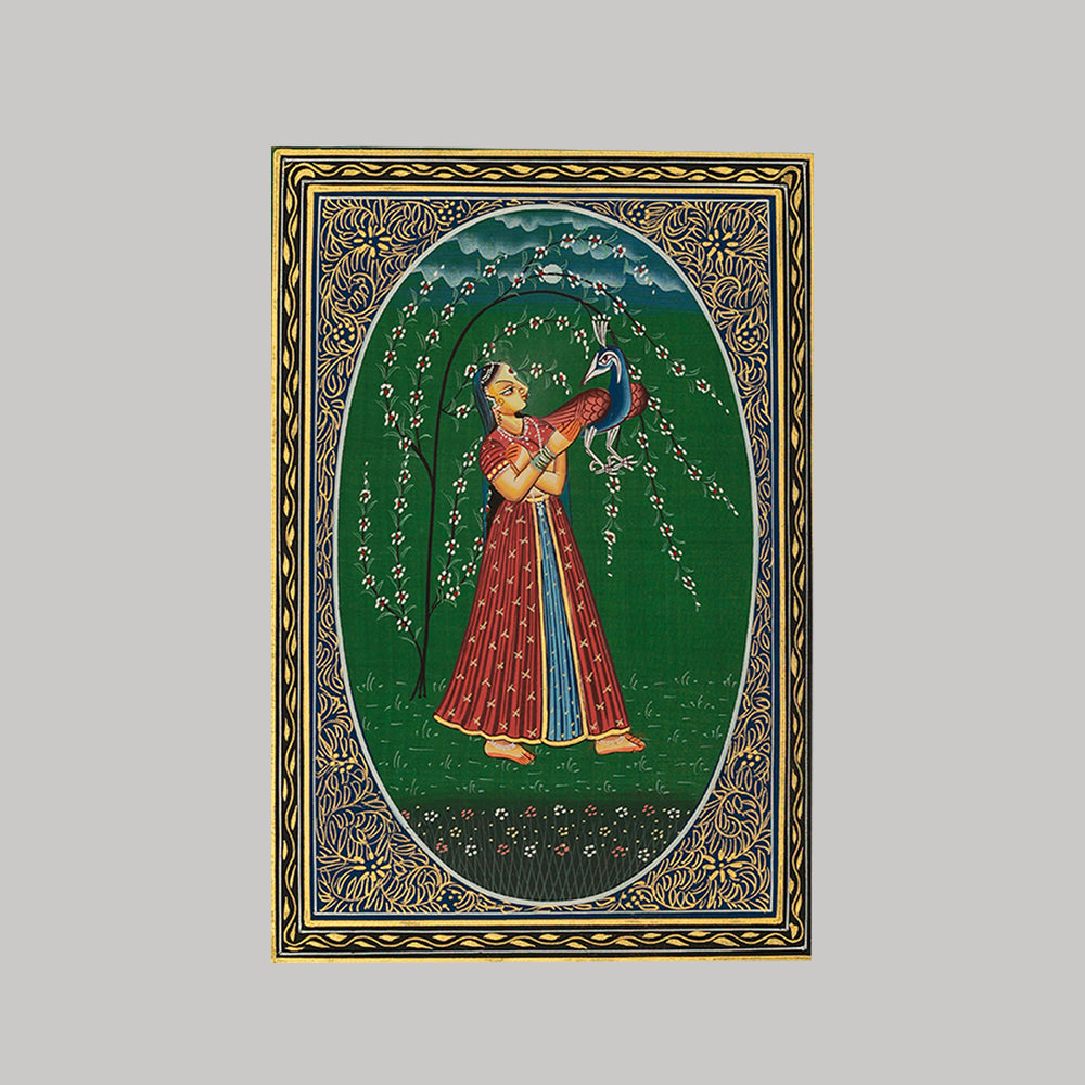 Miniature painting Ragini with peacock green background