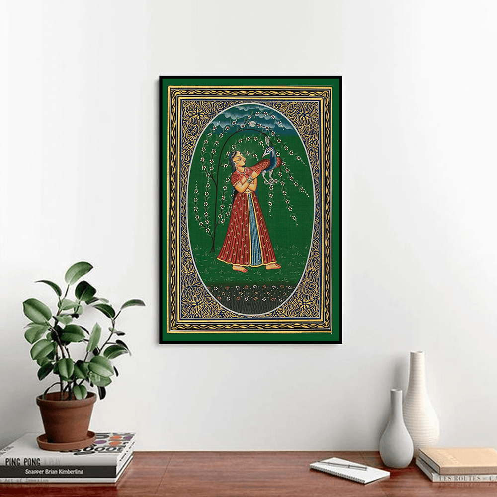 Miniature painting Ragini with peacock green background