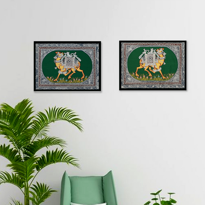 Miniature painting camel green background facing left