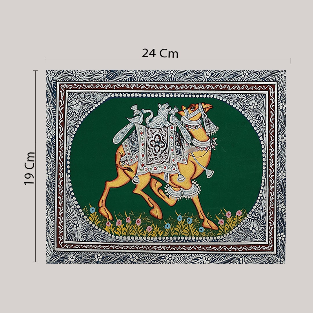 Miniature painting camel green background facing right