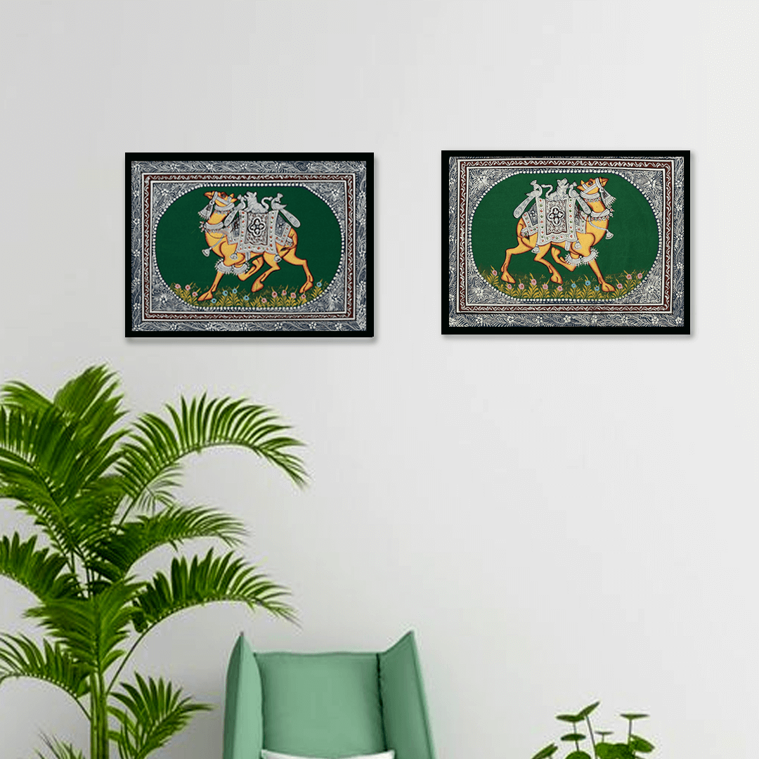 Rajasthani Miniature Handmade Painting Camel Green background