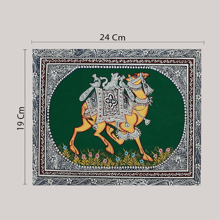 Miniature painting camel green background facing right