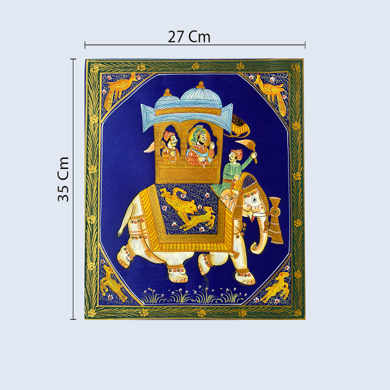 Miniature painting elephant right facing white border blue background