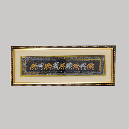 Miniature painting framed Camel horse elephant black background right facing