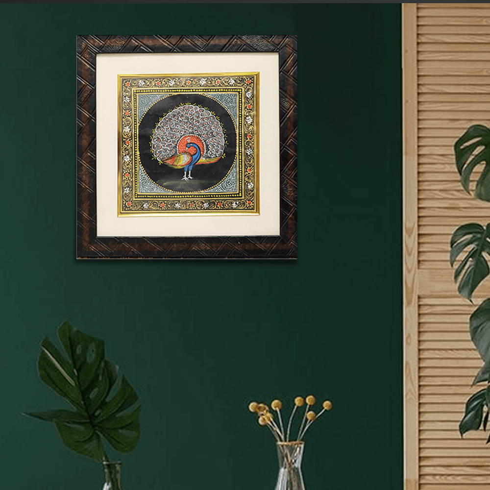 Miniature painting framed peacock black background