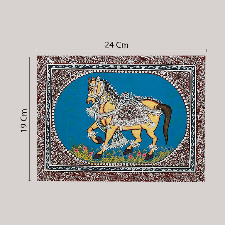 Miniature painting horse blue background facing left