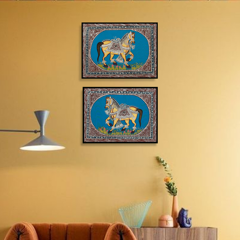 Rajasthani Miniature Handmade Painting Horse Blue background