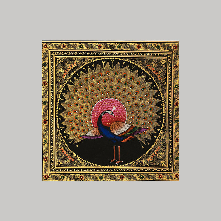 Miniature painting peacock with golden detailing pink colour